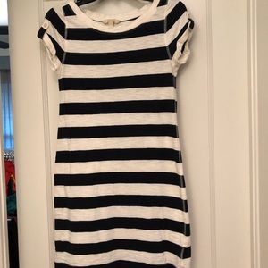 Navy and cream t shirt dress with boat neck.